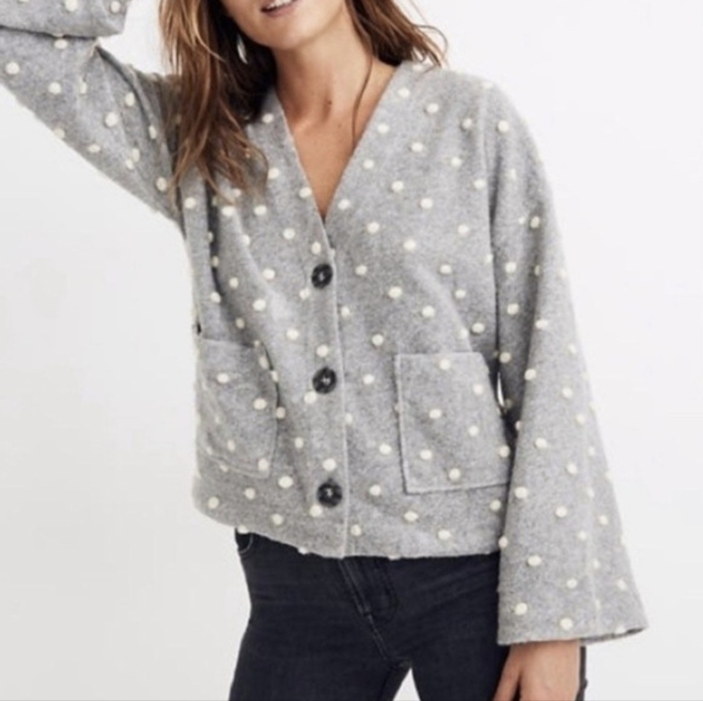 Madewell Texture & Thread Pom Pom Gray & White Cardigan Women's Size Small